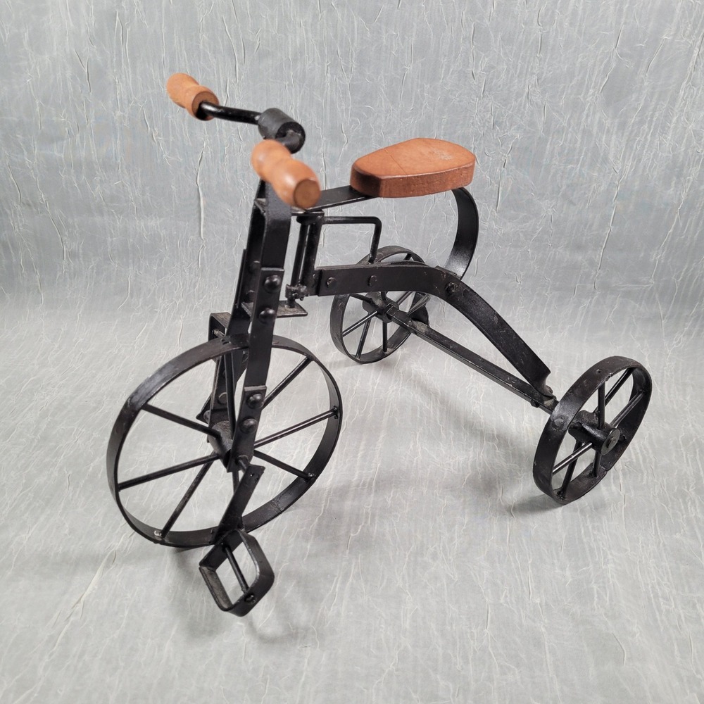 Vintage Metal Tricycle Bike Decorative Sculpture Black Rustic Wood Seat